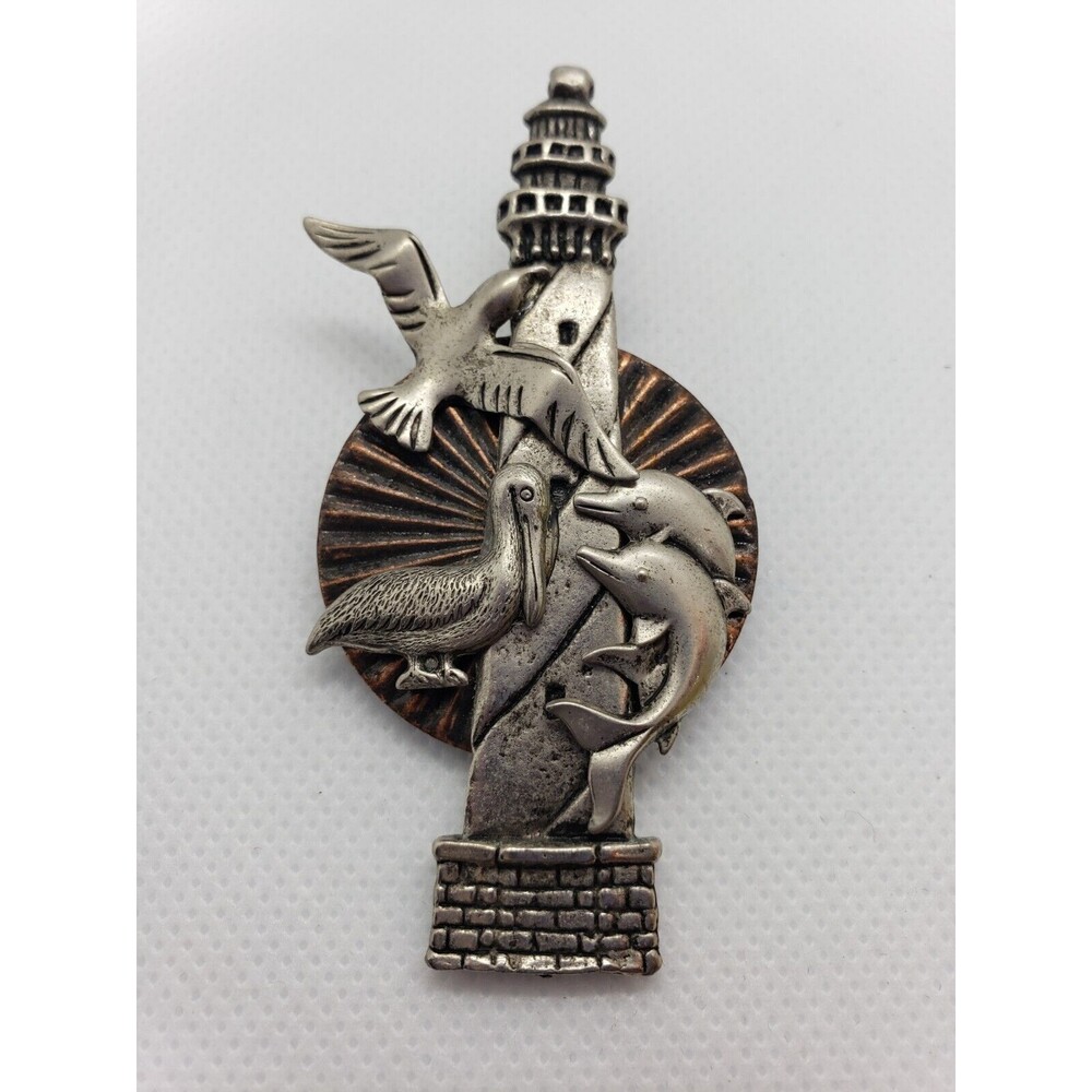 Vintage Siver Tone Lighthouse Brooch w/Seagull Dolphins & Pelican